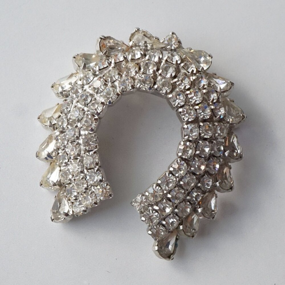 Mid-Century Rhinestone Horseshoe Brooch, Silver Tone, 2.5", Cocktail Pin
